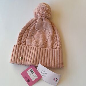 NWT KATE SPADE knit Pom Pom English Rose pink heart beanie winter hat cable os